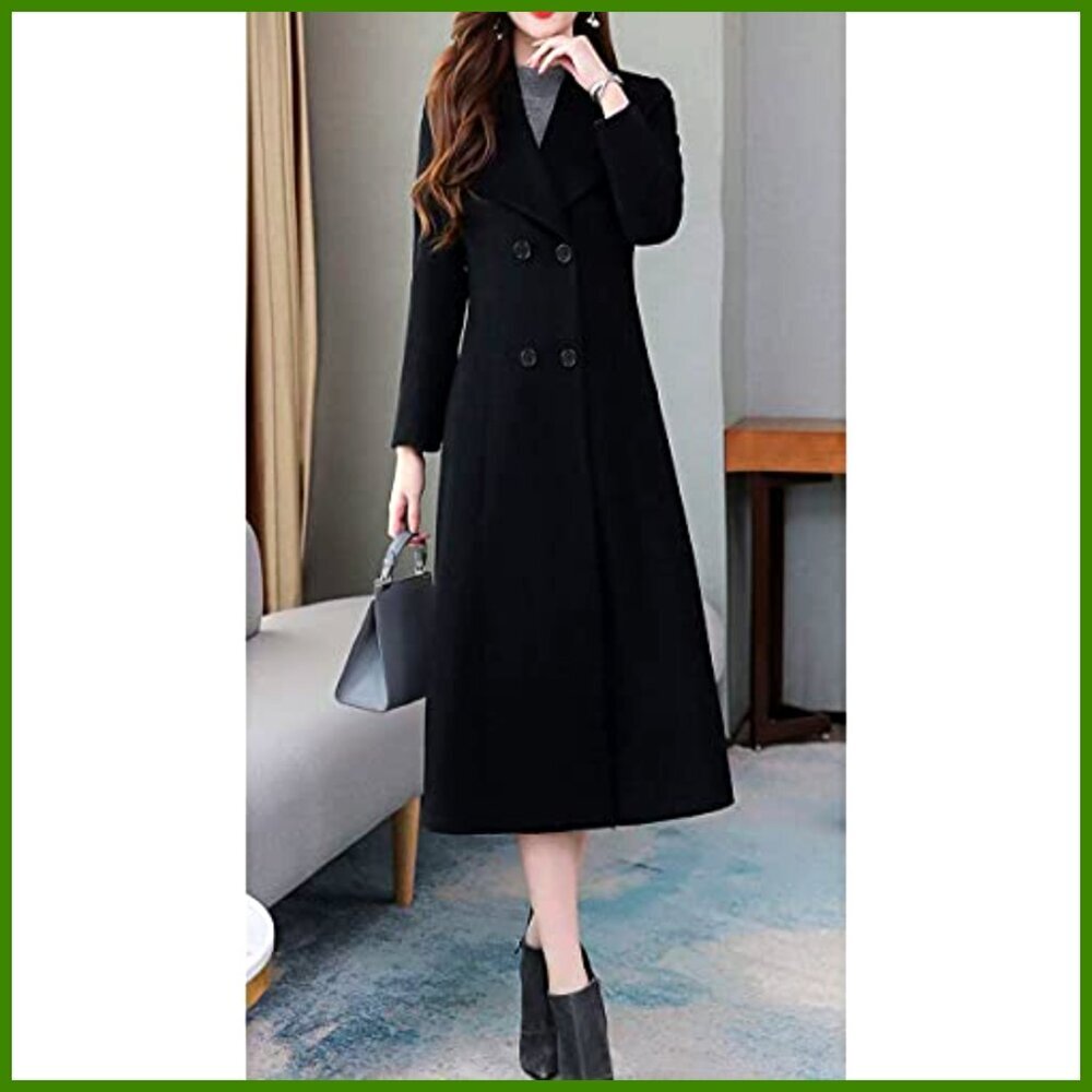 Shawl Collar Double Breasted Below Knee Slim Wool Trench Long Coat - Picture 3 of 5